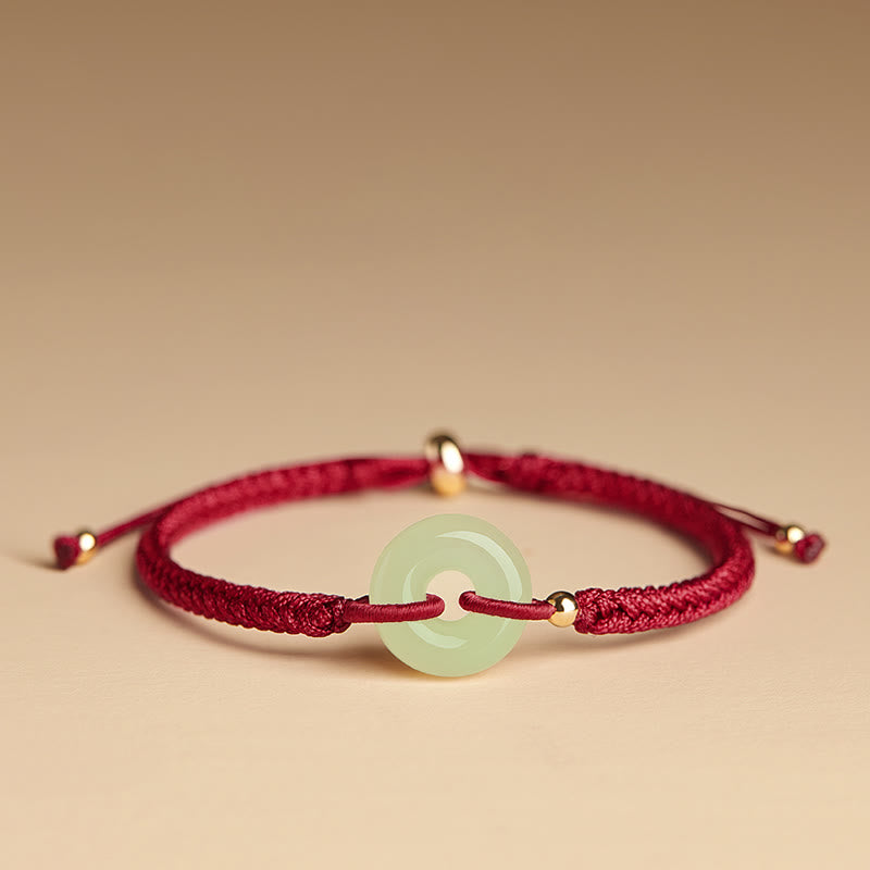 Wear FengShui Natural Hetian Jade Peace Buckle Fu Character Protection Luck Braided Bracelet