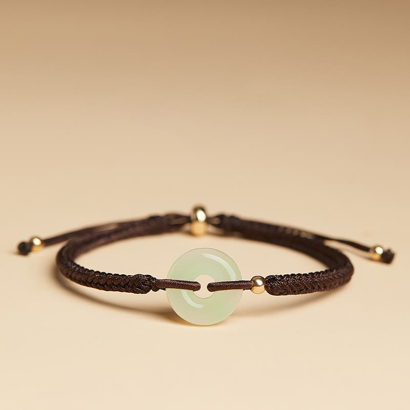 Wear FengShui Natural Hetian Jade Peace Buckle Fu Character Protection Luck Braided Bracelet