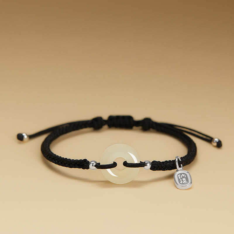 Wear FengShui Natural Hetian Jade Peace Buckle Fu Character Protection Luck Braided Bracelet