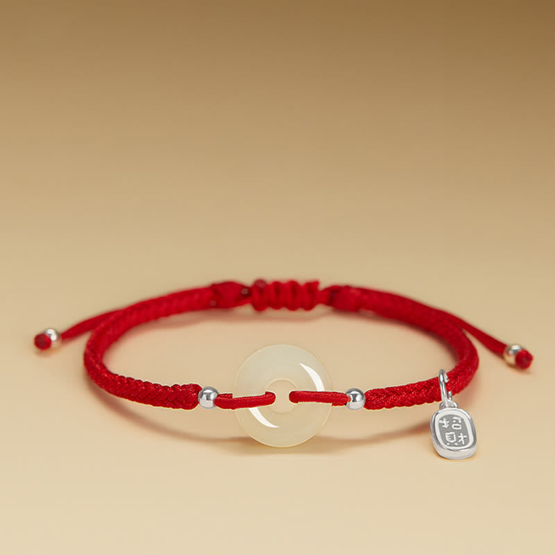 Wear FengShui Natural Hetian Jade Peace Buckle Fu Character Protection Luck Braided Bracelet