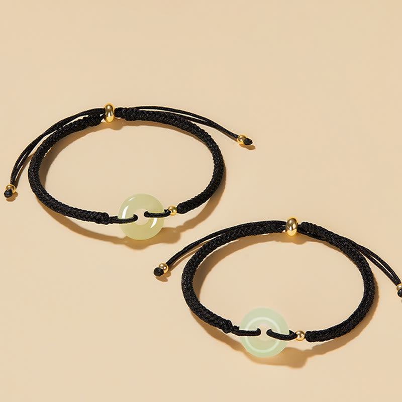 Wear FengShui Natural Hetian Jade Peace Buckle Fu Character Protection Luck Braided Bracelet