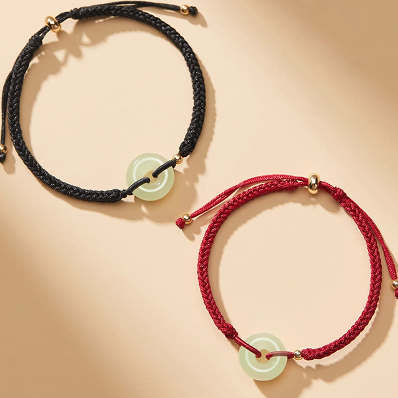 Wear FengShui Natural Hetian Jade Peace Buckle Fu Character Protection Luck Braided Bracelet