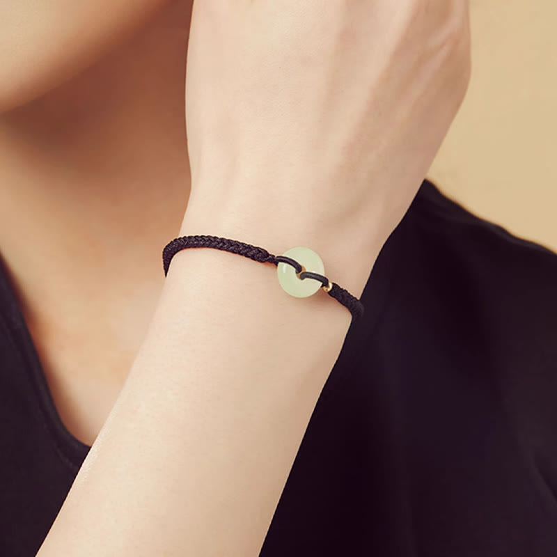 Wear FengShui Natural Hetian Jade Peace Buckle Fu Character Protection Luck Braided Bracelet