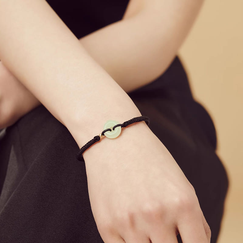 Wear FengShui Natural Hetian Jade Peace Buckle Fu Character Protection Luck Braided Bracelet