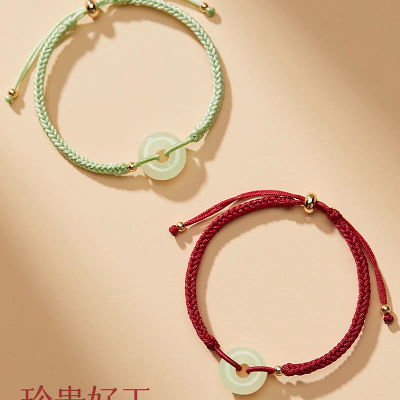 Wear FengShui Natural Hetian Jade Peace Buckle Fu Character Protection Luck Braided Bracelet