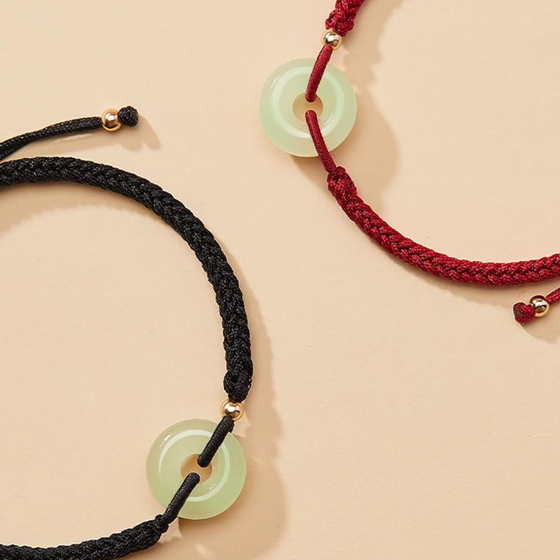 Wear FengShui Natural Hetian Jade Peace Buckle Fu Character Protection Luck Braided Bracelet