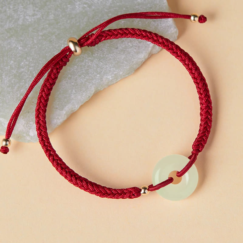 Wear FengShui Natural Hetian Jade Peace Buckle Fu Character Protection Luck Braided Bracelet
