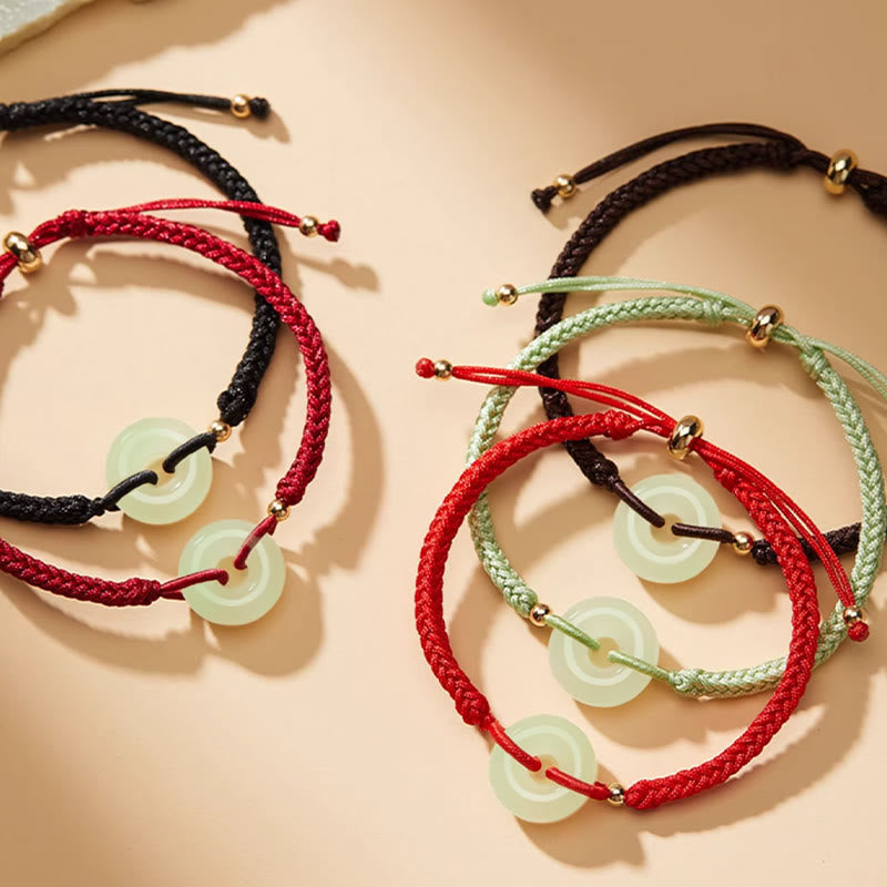 Wear FengShui Natural Hetian Jade Peace Buckle Fu Character Protection Luck Braided Bracelet