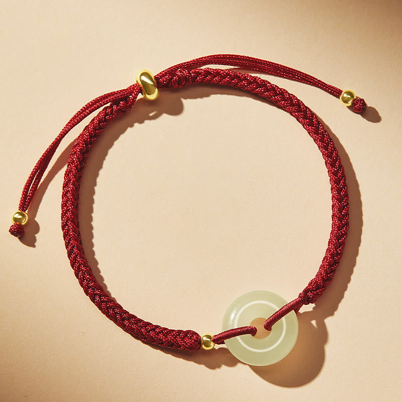 Wear FengShui Natural Hetian Jade Peace Buckle Fu Character Protection Luck Braided Bracelet