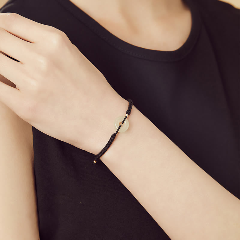 Wear FengShui Natural Hetian Jade Peace Buckle Fu Character Protection Luck Braided Bracelet