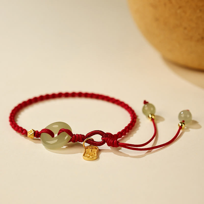 Wear FengShui Natural Hetian Jade Peace Buckle Red String Luck Braided Bracelet