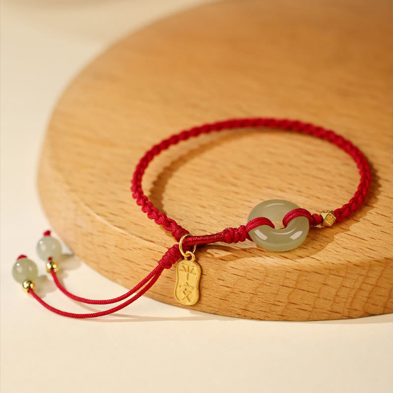 Wear FengShui Natural Hetian Jade Peace Buckle Red String Luck Braided Bracelet