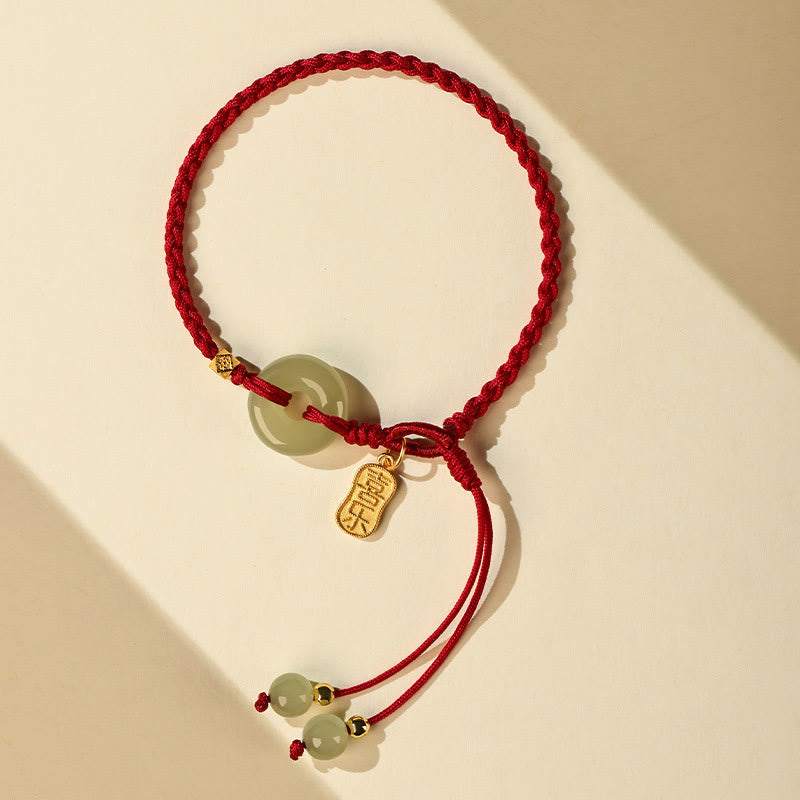 Wear FengShui Natural Hetian Jade Peace Buckle Red String Luck Braided Bracelet