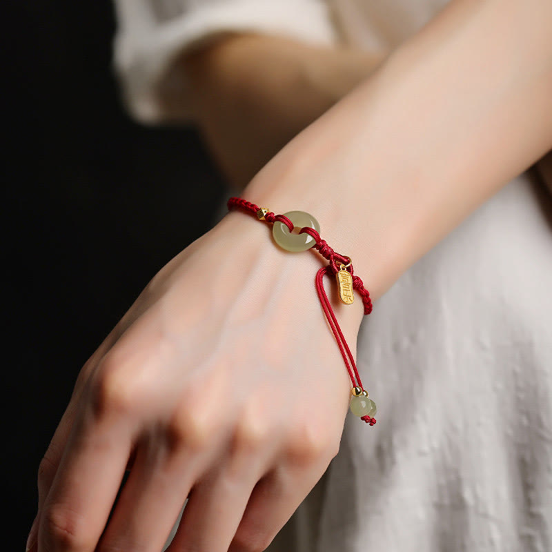 Wear FengShui Natural Hetian Jade Peace Buckle Red String Luck Braided Bracelet