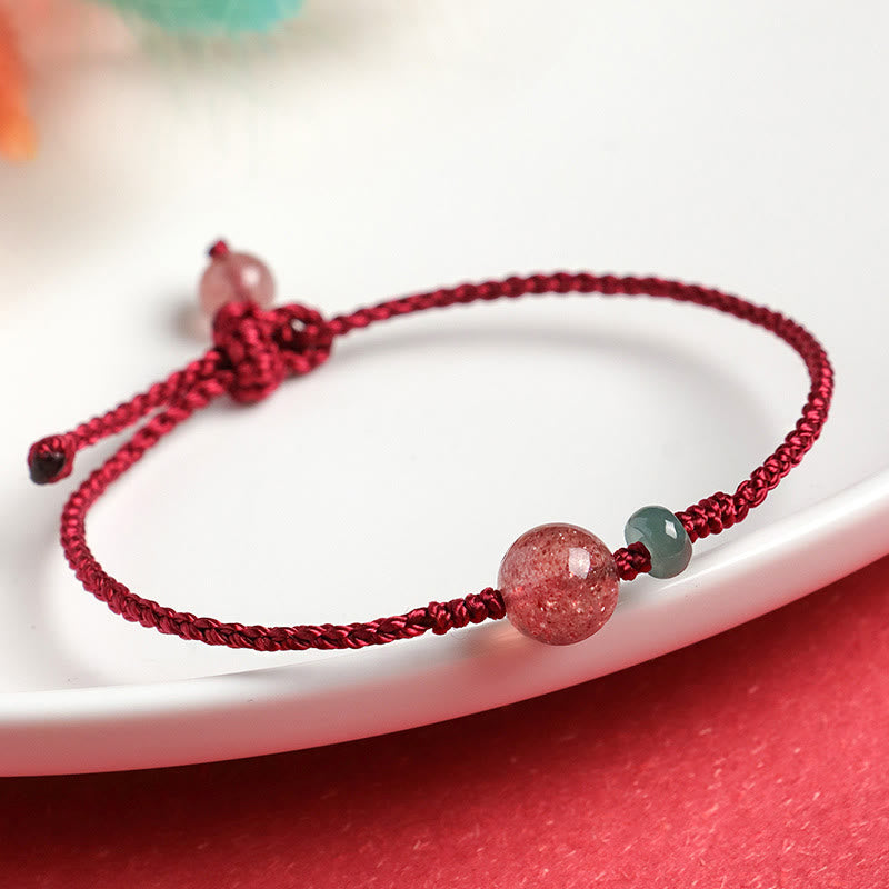 Wear FengShui Natural Strawberry Quartz Jade White Agate Red String Positive Bracelet