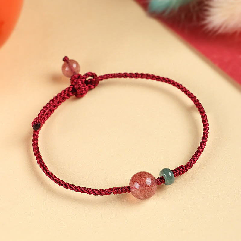 Wear FengShui Natural Strawberry Quartz Jade White Agate Red String Positive Bracelet