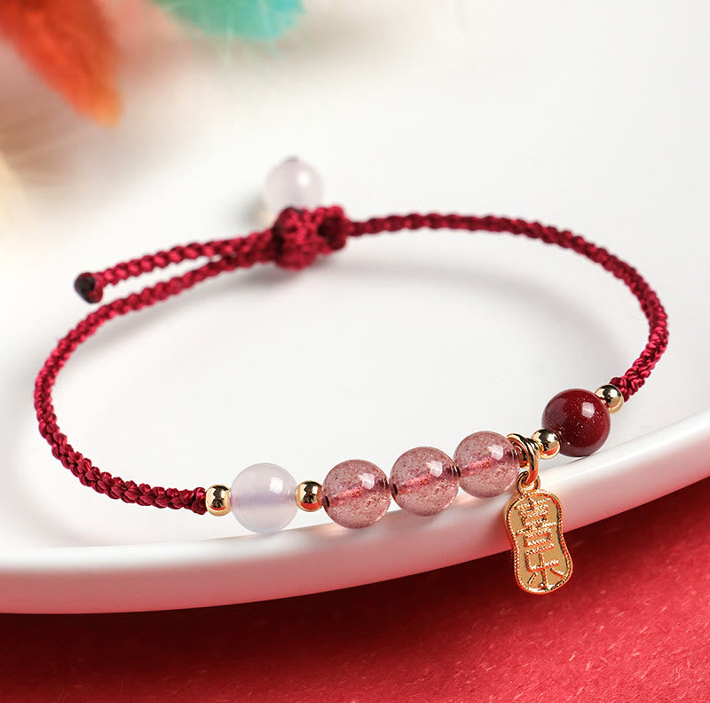 Wear FengShui Natural Strawberry Quartz Jade White Agate Red String Positive Bracelet