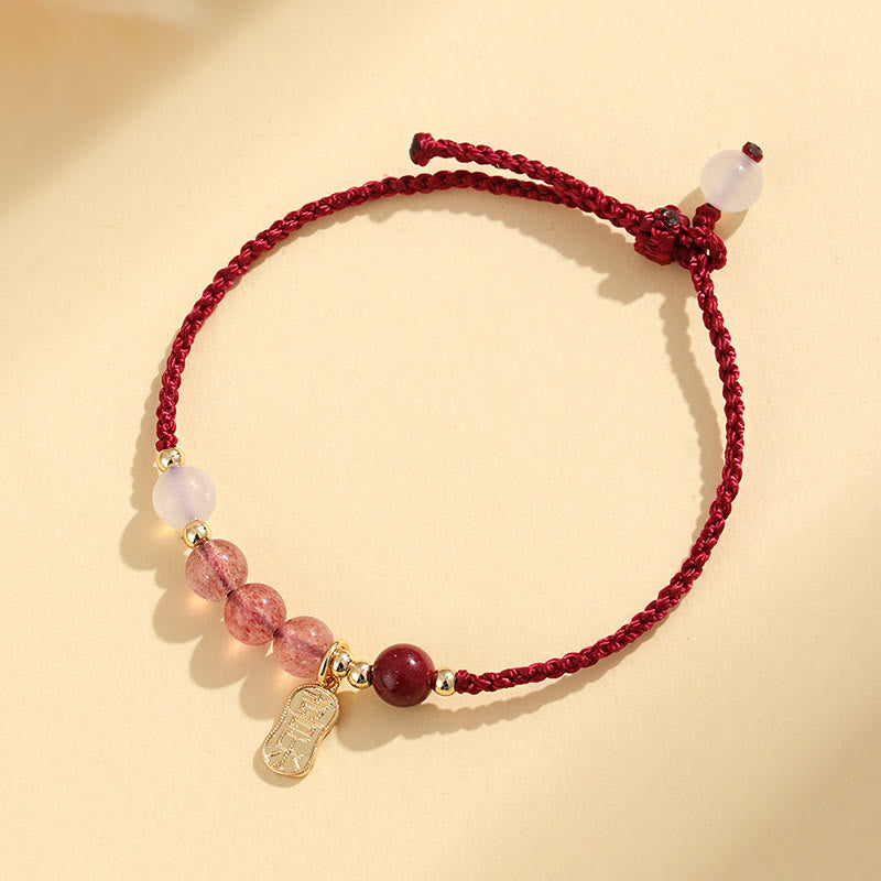 Wear FengShui Natural Strawberry Quartz Jade White Agate Red String Positive Bracelet