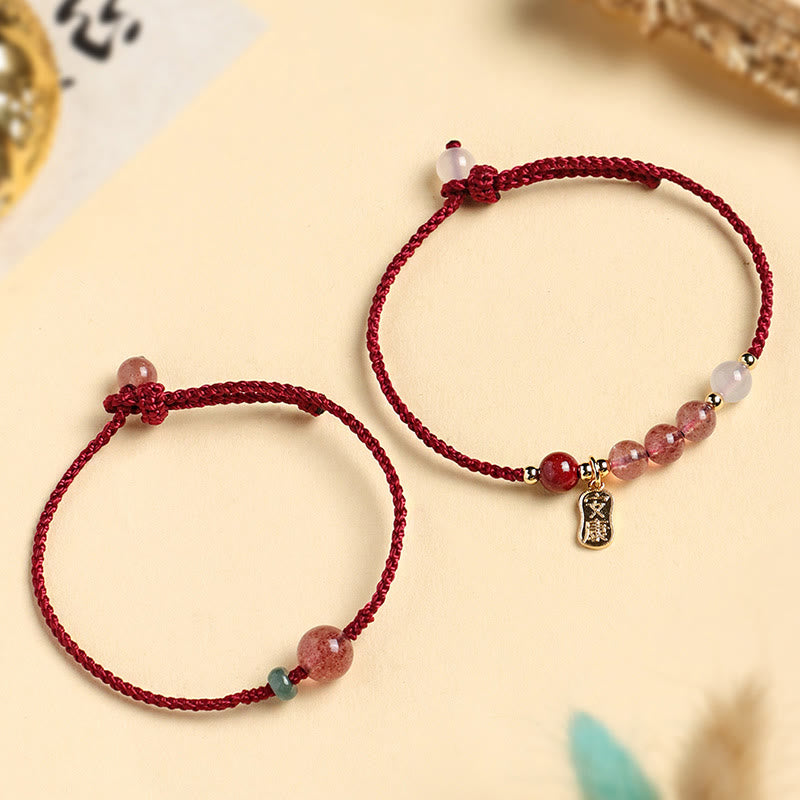 Wear FengShui Natural Strawberry Quartz Jade White Agate Red String Positive Bracelet