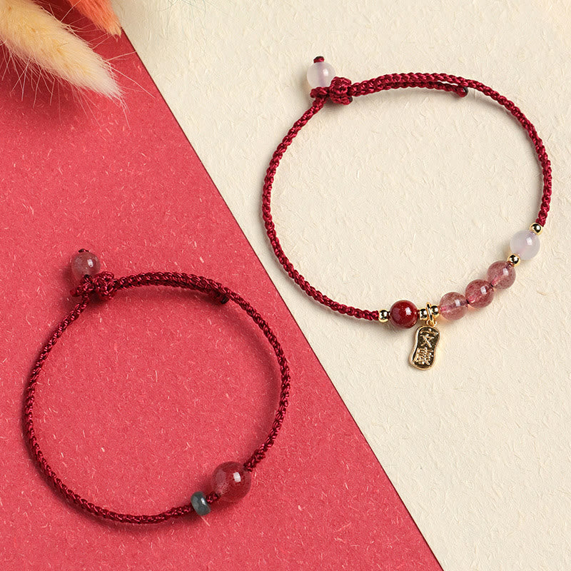 Wear FengShui Natural Strawberry Quartz Jade White Agate Red String Positive Bracelet