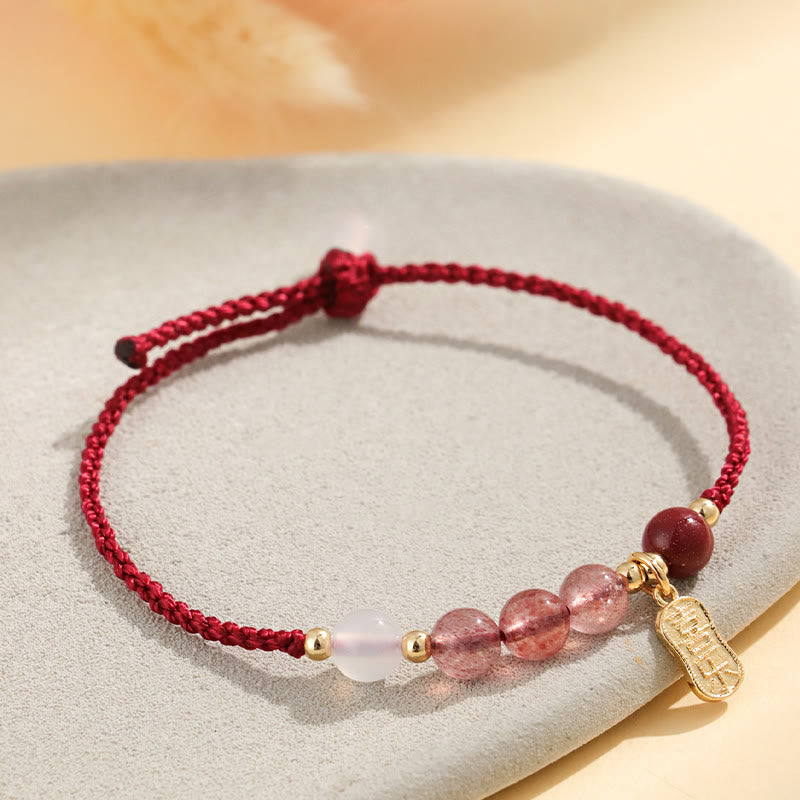 Wear FengShui Natural Strawberry Quartz Jade White Agate Red String Positive Bracelet