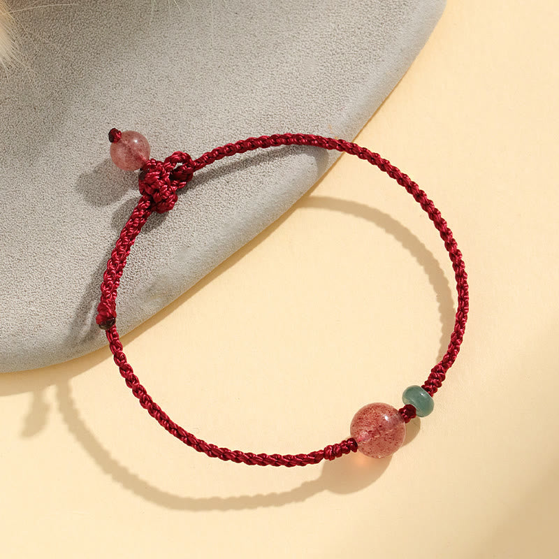 Wear FengShui Natural Strawberry Quartz Jade White Agate Red String Positive Bracelet