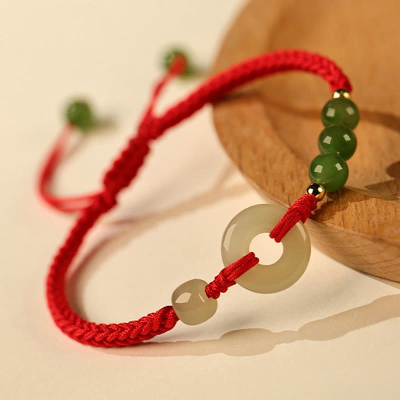 Wear FengShui Natural Hetian Jade Peace Buckle Red String Protection Luck Bracelet