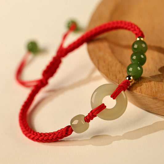 Wear FengShui Natural Hetian Jade Peace Buckle Red String Protection Luck Bracelet