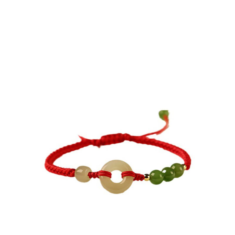 Wear FengShui Natural Hetian Jade Peace Buckle Red String Protection Luck Bracelet