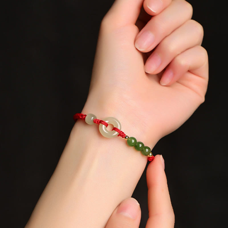Wear FengShui Natural Hetian Jade Peace Buckle Red String Protection Luck Bracelet
