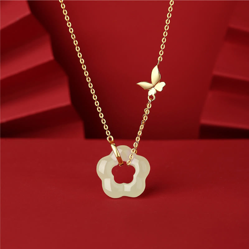 Wear FengShui 925 Sterling Silver Butterfly Hetian Jade Flower Blessing Necklace Pendant