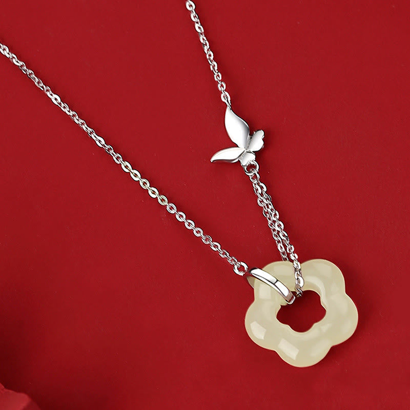 Wear FengShui 925 Sterling Silver Butterfly Hetian Jade Flower Blessing Necklace Pendant