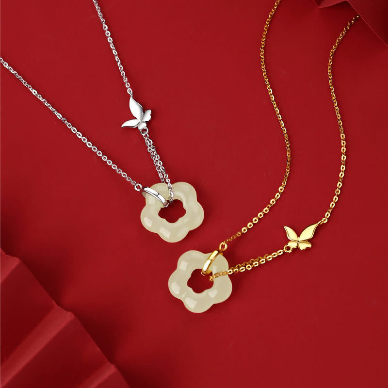 Wear FengShui 925 Sterling Silver Butterfly Hetian Jade Flower Blessing Necklace Pendant
