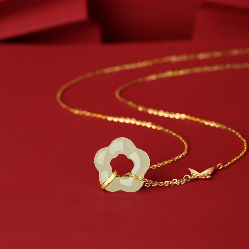 Wear FengShui 925 Sterling Silver Butterfly Hetian Jade Flower Blessing Necklace Pendant
