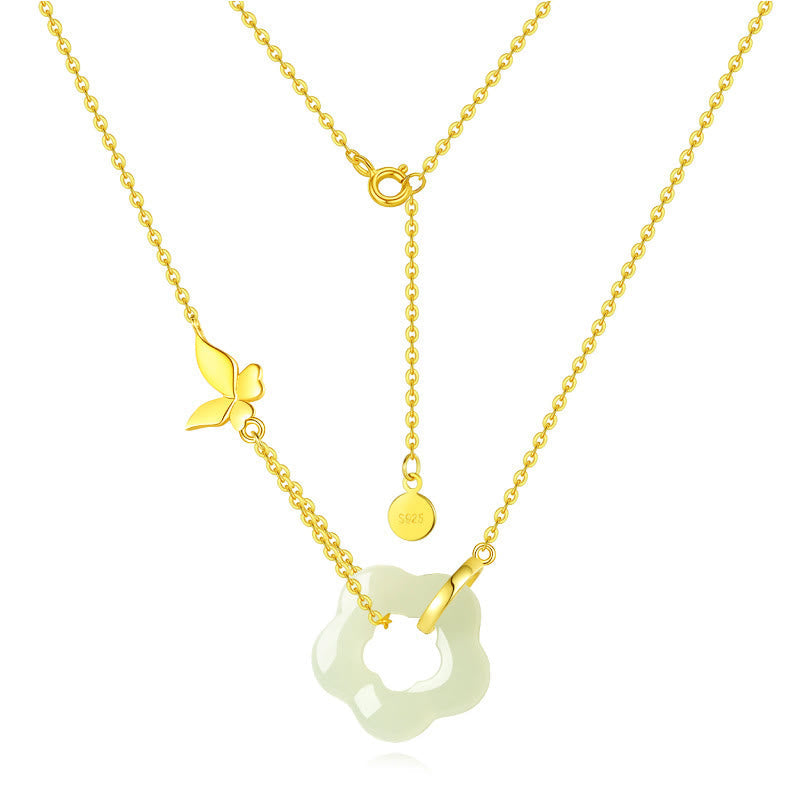 Wear FengShui 925 Sterling Silver Butterfly Hetian Jade Flower Blessing Necklace Pendant