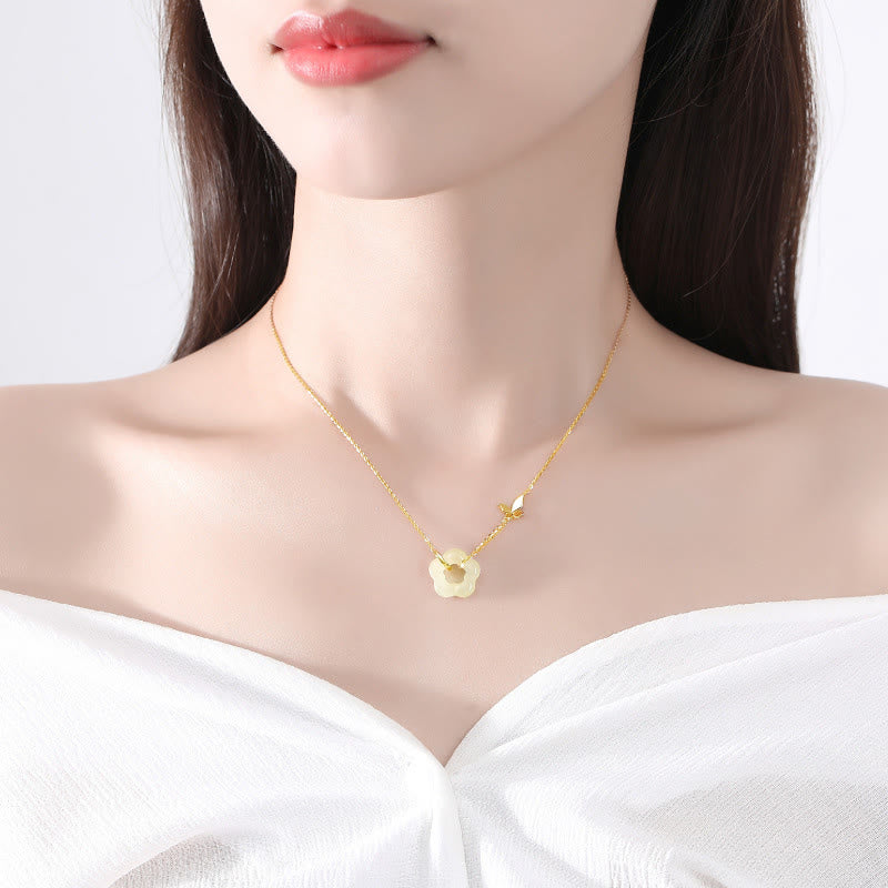Wear FengShui 925 Sterling Silver Butterfly Hetian Jade Flower Blessing Necklace Pendant