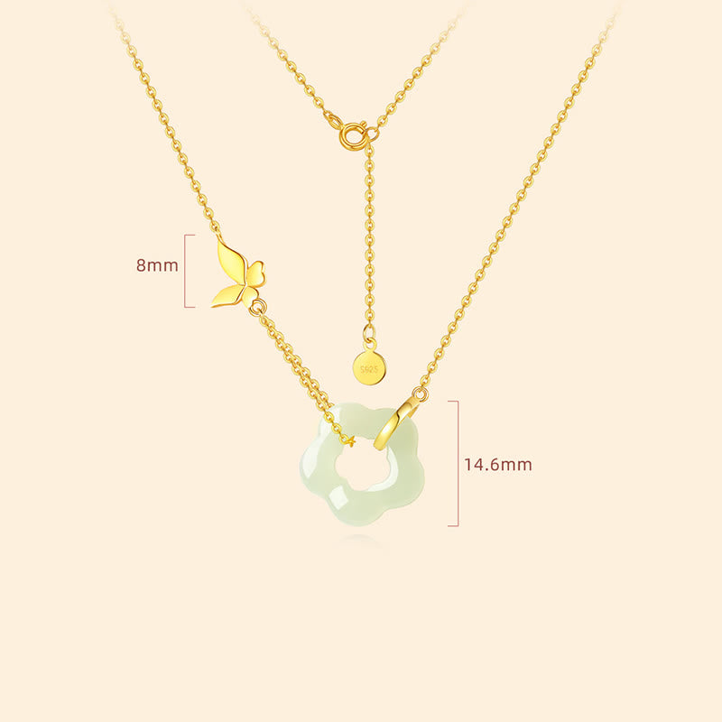 Wear FengShui 925 Sterling Silver Butterfly Hetian Jade Flower Blessing Necklace Pendant