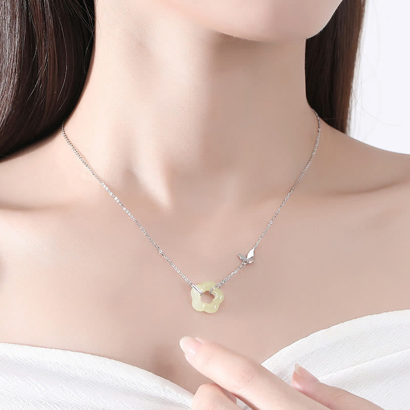 Wear FengShui 925 Sterling Silver Butterfly Hetian Jade Flower Blessing Necklace Pendant