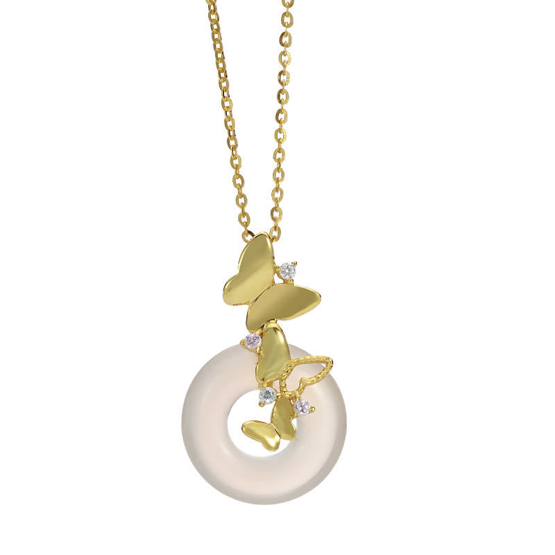 Wear FengShui 925 Sterling Silver Butterfly Chalcedony Peace Buckle Blessing Luck Necklace Pendant