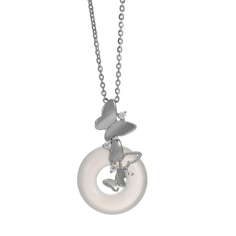 Wear FengShui 925 Sterling Silver Butterfly Chalcedony Peace Buckle Blessing Luck Necklace Pendant