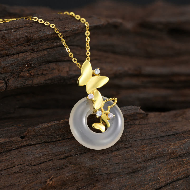 Wear FengShui 925 Sterling Silver Butterfly Chalcedony Peace Buckle Blessing Luck Necklace Pendant