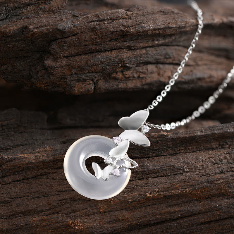Wear FengShui 925 Sterling Silver Butterfly Chalcedony Peace Buckle Blessing Luck Necklace Pendant