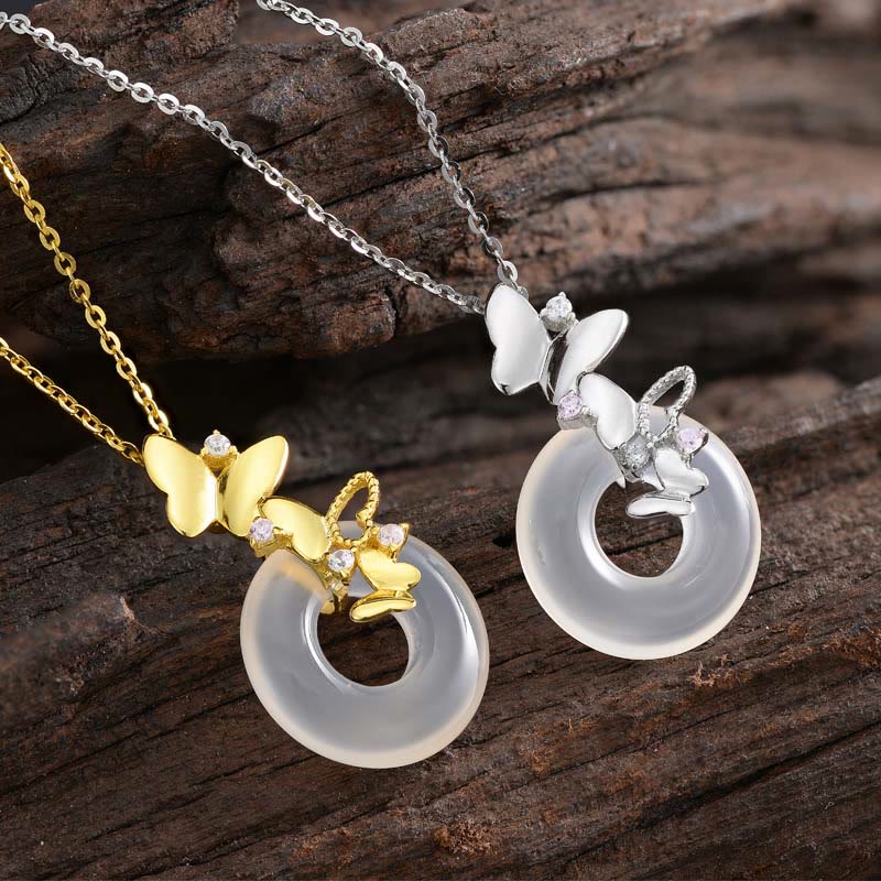 Wear FengShui 925 Sterling Silver Butterfly Chalcedony Peace Buckle Blessing Luck Necklace Pendant