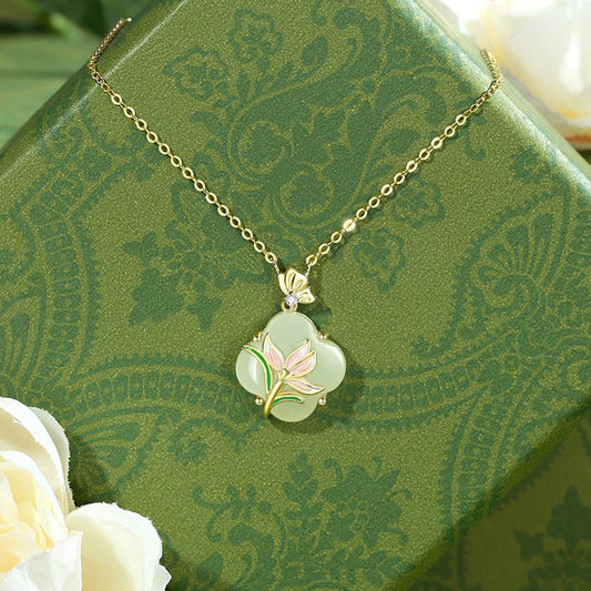 Wear FengShui 925 Sterling Silver Magnolia Butterfly Hetian Jade Four Leaf Clover Blessing Earrings Necklace Pendant