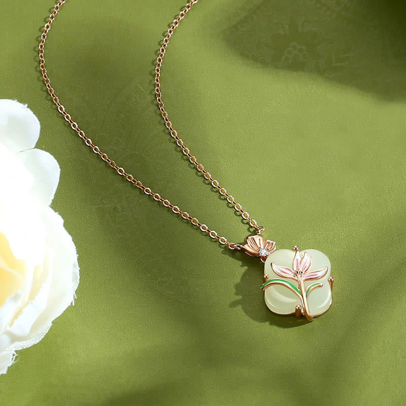 Wear FengShui 925 Sterling Silver Magnolia Butterfly Hetian Jade Four Leaf Clover Blessing Earrings Necklace Pendant
