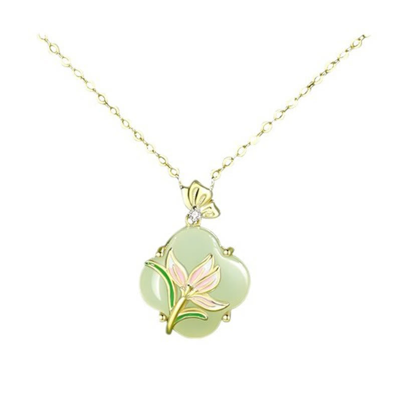 Wear FengShui 925 Sterling Silver Magnolia Butterfly Hetian Jade Four Leaf Clover Blessing Earrings Necklace Pendant