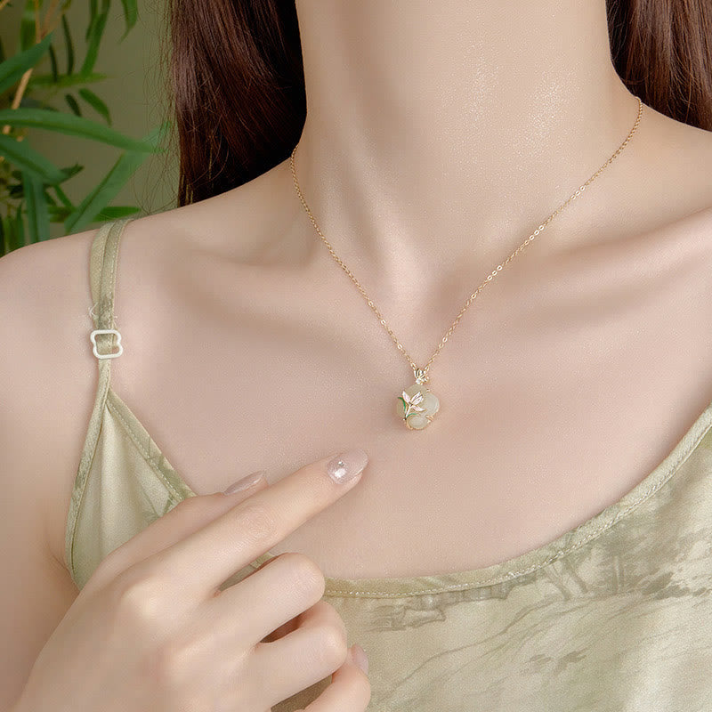 Wear FengShui 925 Sterling Silver Magnolia Butterfly Hetian Jade Four Leaf Clover Blessing Earrings Necklace Pendant