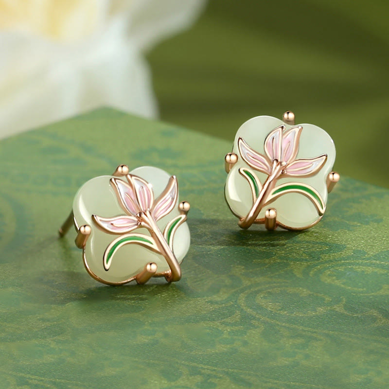 Wear FengShui 925 Sterling Silver Magnolia Butterfly Hetian Jade Four Leaf Clover Blessing Earrings Necklace Pendant