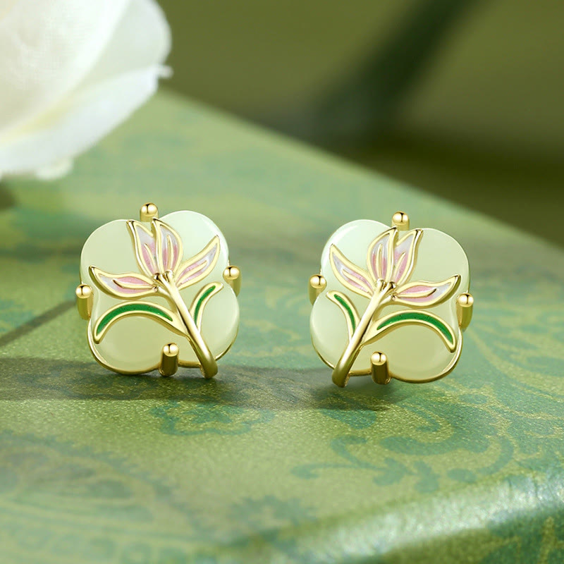 Wear FengShui 925 Sterling Silver Magnolia Butterfly Hetian Jade Four Leaf Clover Blessing Earrings Necklace Pendant