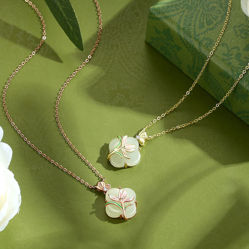 Wear FengShui 925 Sterling Silver Magnolia Butterfly Hetian Jade Four Leaf Clover Blessing Earrings Necklace Pendant